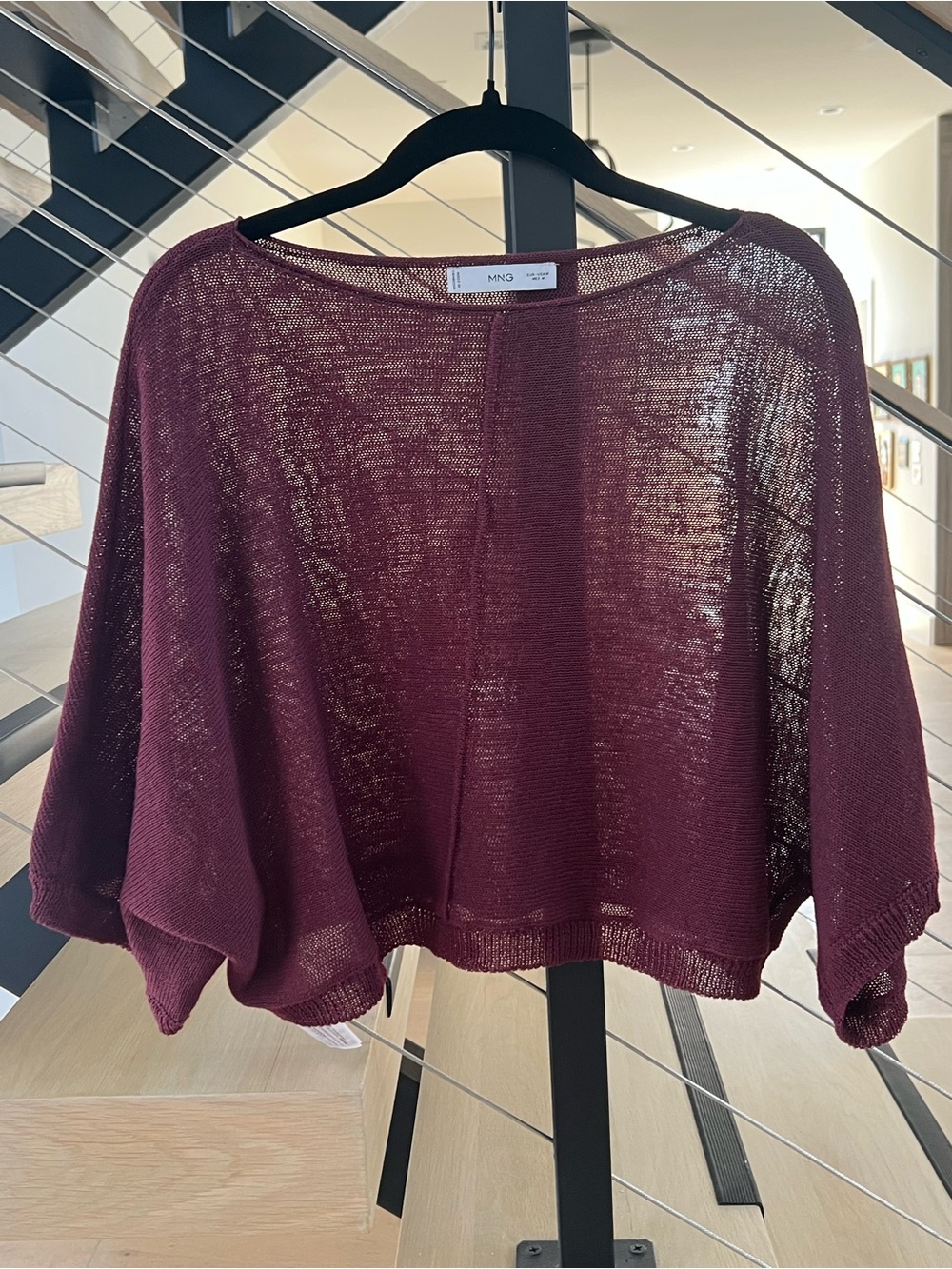 Mango Lightweight Open-Knit Poncho Sweater - Burgundy